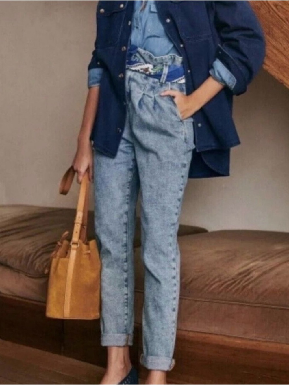 Sézane Austin Denim Paperbag High Waist Pleated Jeans EU 36 US 4